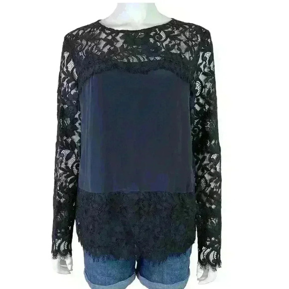 Intermix Black Lace Long Sleeve Blouse Women’s Size M Silk Navy Contrast Top - Picture 9 of 9